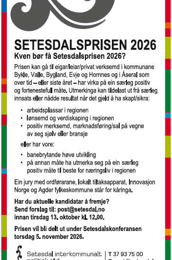 Lenkje til artikkel: Setesdalsprisen 2026 - har du aktuelle kandidatar å fremje?
